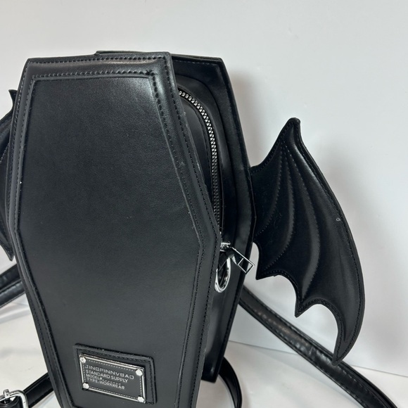 Emo Coffin X Vampire Bat Crossbody Backpack Black Gothic Halloween Bag NWOT - Picture 2 of 9